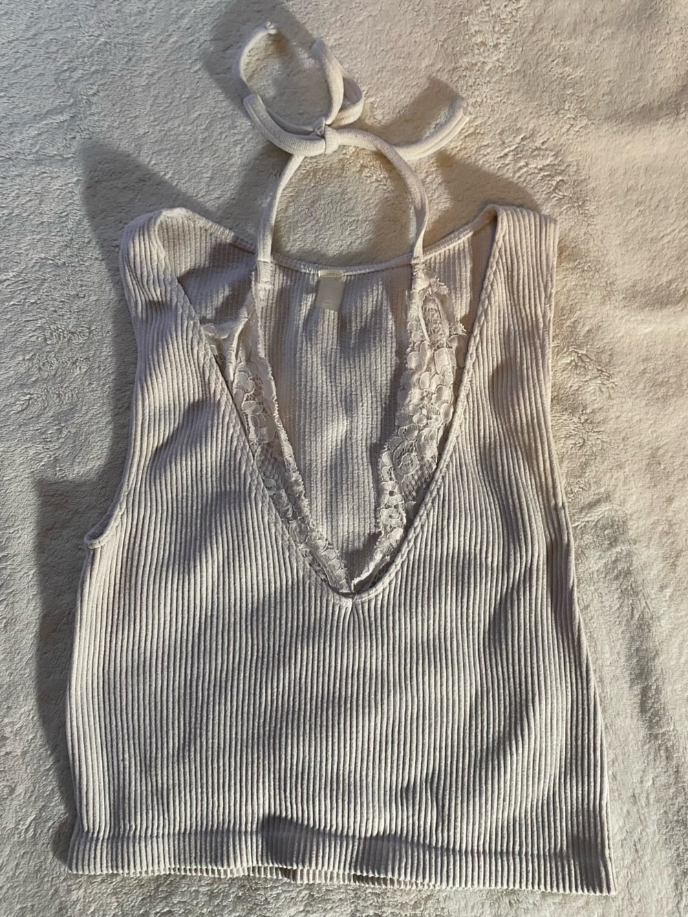 Ribbed Lace Trim Cami Tank Top - Light Beige